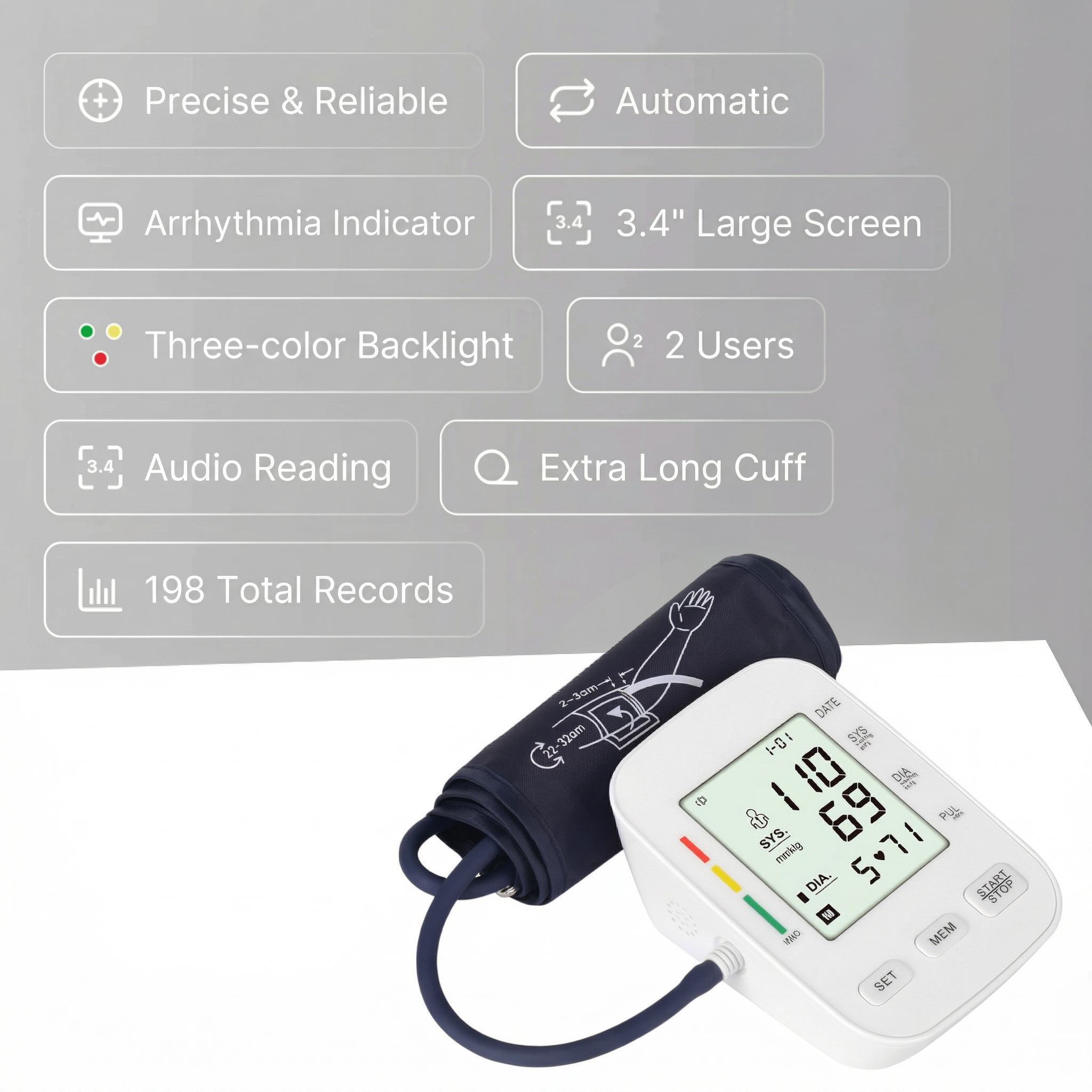Digital Blood Pressure Monitor With comfortable cuff and memory function / Measures blood pressure and pulse