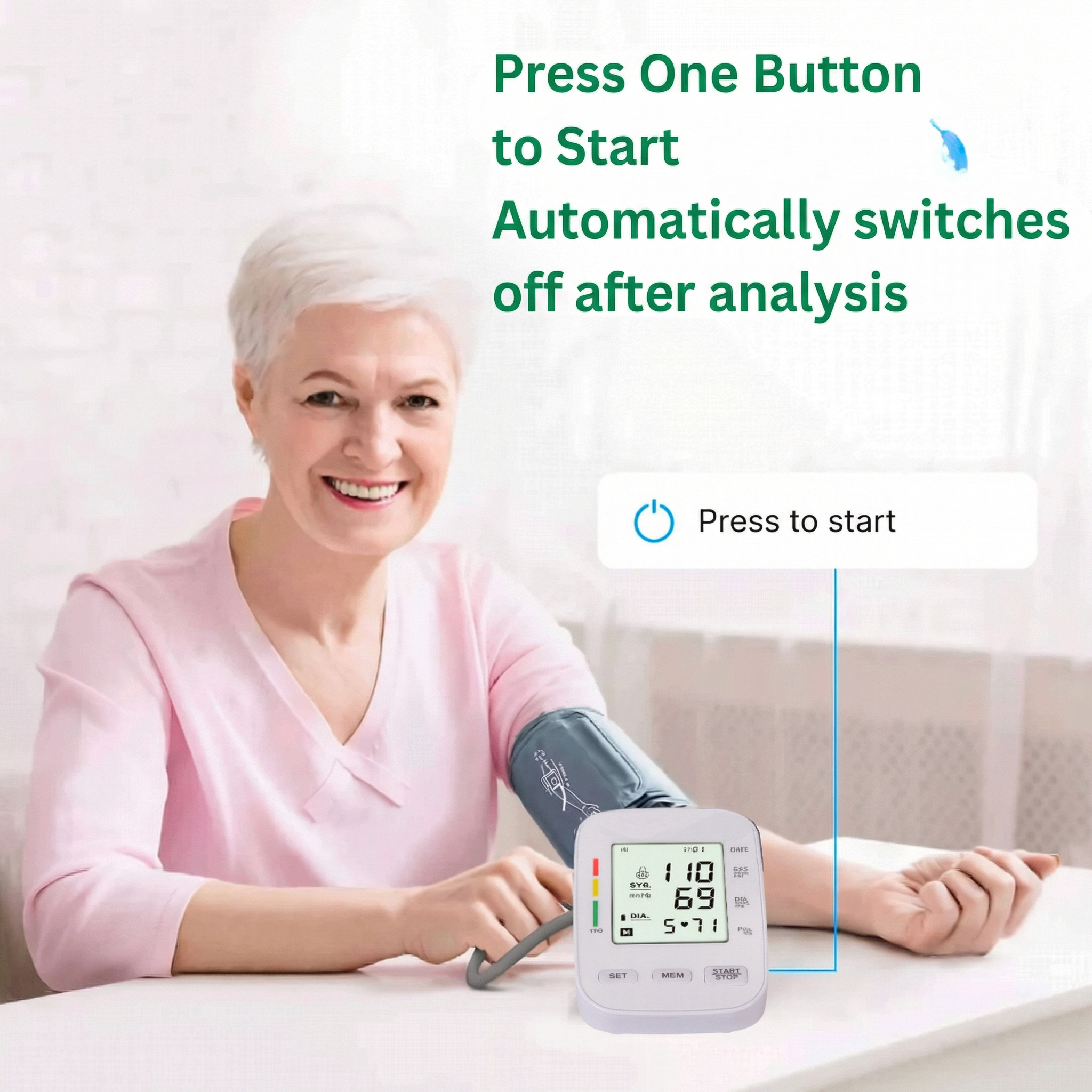 Digital Blood Pressure Monitor With comfortable cuff and memory function / Measures blood pressure and pulse
